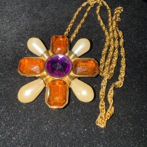 Avon Vintage Gold Necklace with Purple and Orange Pendant